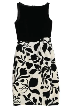 Black brooch-embellished two-tone paneled rayon-blend floral Dobby bateau neck sleeveless sheath dress