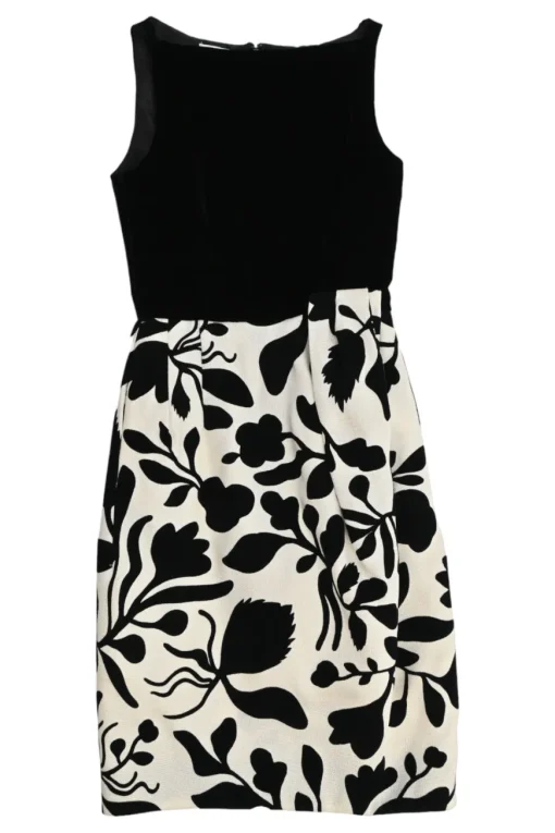 Black brooch-embellished two-tone paneled rayon-blend floral Dobby bateau neck sleeveless sheath dress