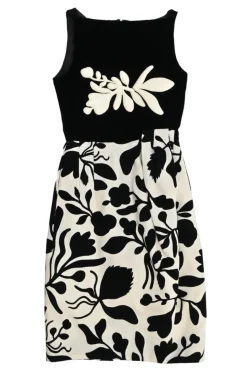 Black brooch-embellished two-tone paneled rayon-blend floral Dobby bateau neck sleeveless sheath dress
