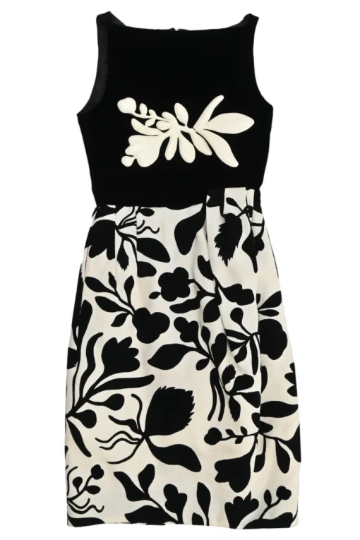 Black brooch-embellished two-tone paneled rayon-blend floral Dobby bateau neck sleeveless sheath dress