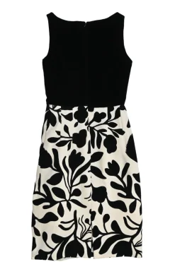 Black brooch-embellished two-tone paneled rayon-blend floral Dobby bateau neck sleeveless sheath dress