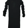 Black cashmere funnel collar knit dress with ruched sleeves