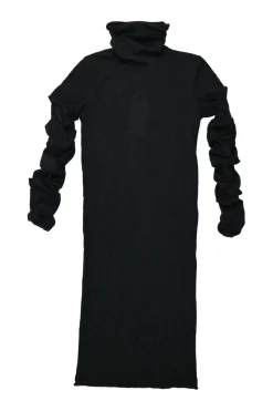 Black cashmere funnel collar knit dress with ruched sleeves