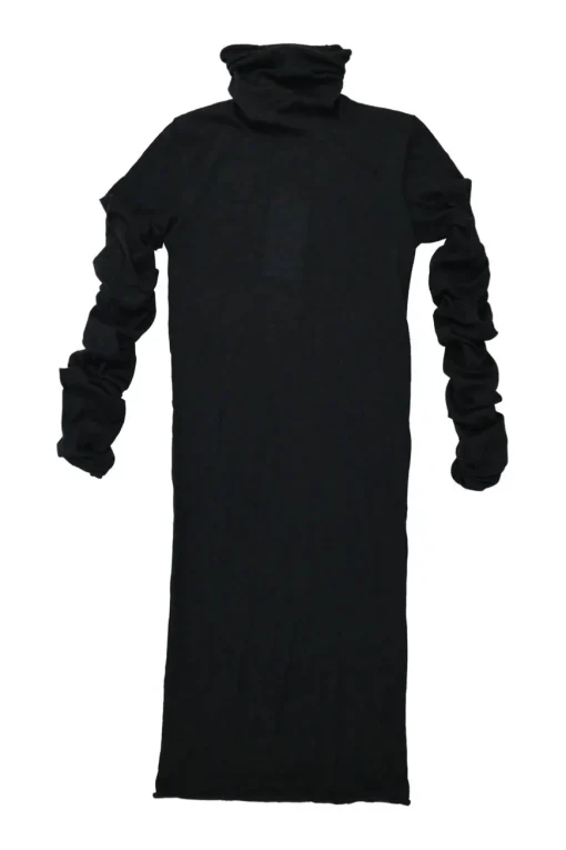 Black cashmere funnel collar knit dress with ruched sleeves
