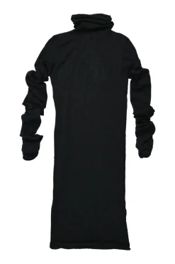 Black cashmere funnel collar knit dress with ruched sleeves
