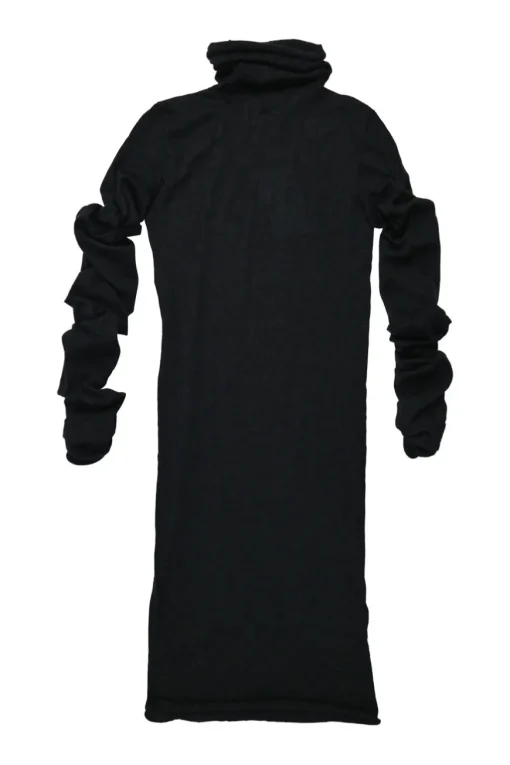 Black cashmere funnel collar knit dress with ruched sleeves