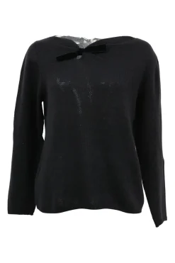 Black cashmere knit bateau neck pullover sweater with tonal velvet bow