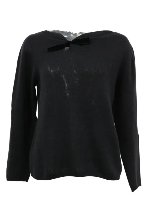 Black cashmere knit bateau neck pullover sweater with tonal velvet bow