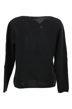 Black cashmere knit bateau neck pullover sweater with tonal velvet bow