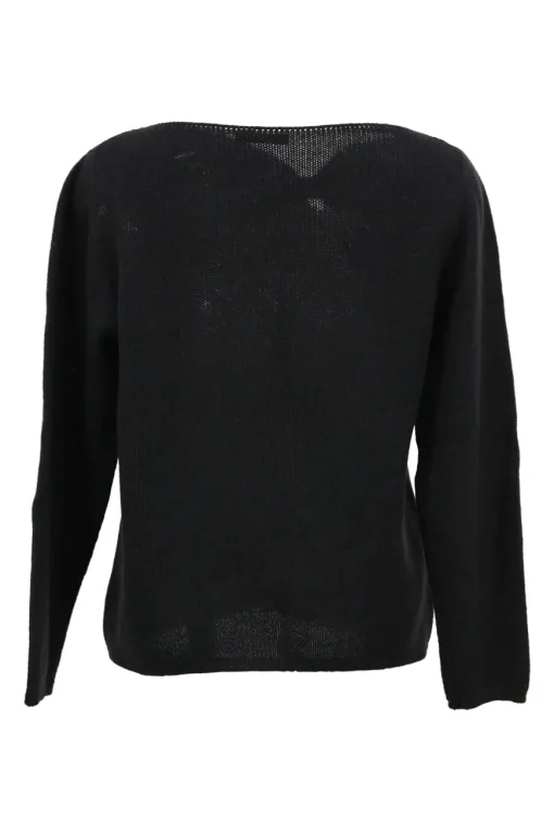 Black cashmere knit bateau neck pullover sweater with tonal velvet bow