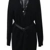 Black cashmere plunge neck sweater dress with tonal leather knot belt