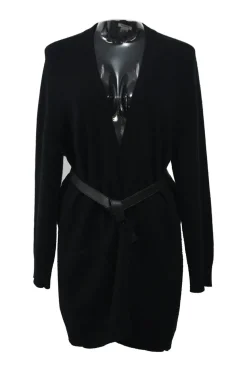 Black cashmere plunge neck sweater dress with tonal leather knot belt