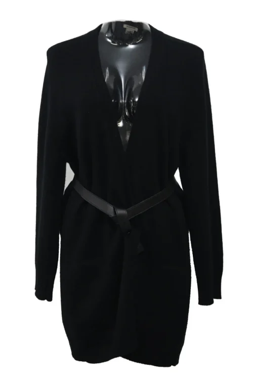 Black cashmere plunge neck sweater dress with tonal leather knot belt