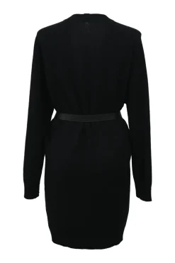 Black cashmere plunge neck sweater dress with tonal leather knot belt