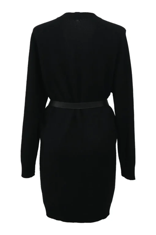 Black cashmere plunge neck sweater dress with tonal leather knot belt