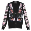 Black cashmere-blend mixed-media snap-front cardigan with woven floral print foulard inserts