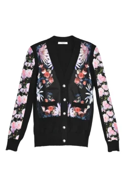 Black cashmere-blend mixed-media snap-front cardigan with woven floral print foulard inserts