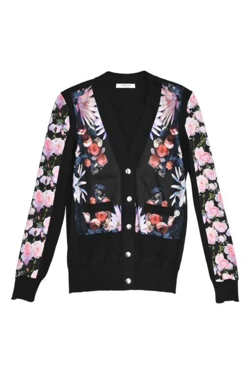 Black cashmere-blend mixed-media snap-front cardigan with woven floral print foulard inserts