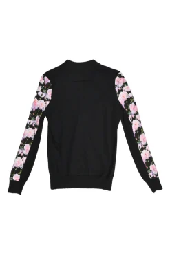 Black cashmere-blend mixed-media snap-front cardigan with woven floral print foulard inserts