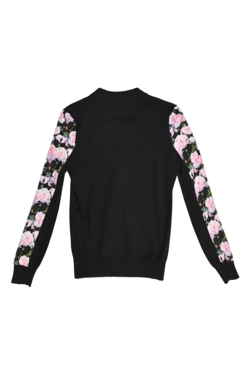 Black cashmere-blend mixed-media snap-front cardigan with woven floral print foulard inserts