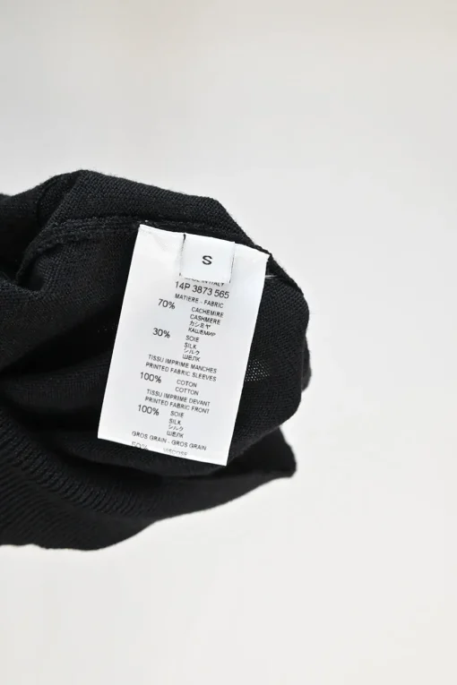 Black cashmere-blend mixed-media snap-front cardigan with woven floral print foulard inserts