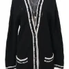 Black cashmere-blend pointelle button-front cardigan with Coco Mark shank buttons