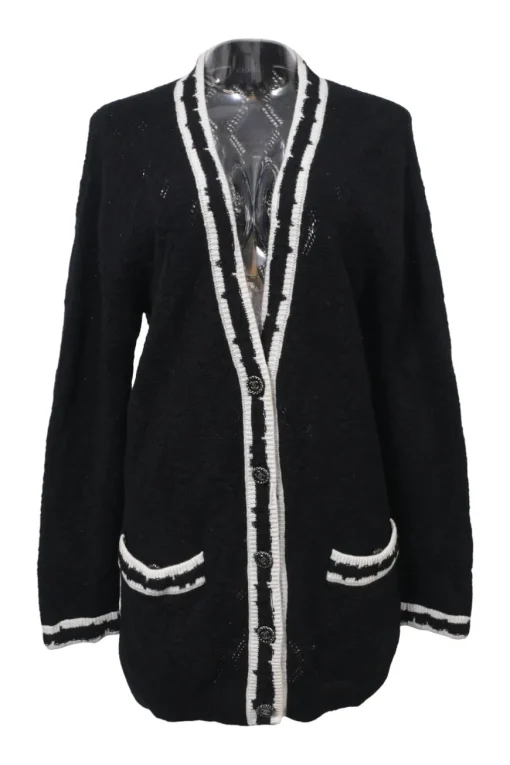 Black cashmere-blend pointelle button-front cardigan with Coco Mark shank buttons