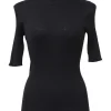 Black cashmere-silk blend glitter rib high-collar half-sleeve pullover knit top