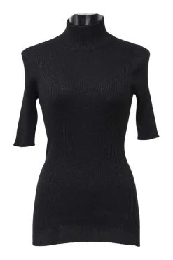 Black cashmere-silk blend glitter rib high-collar half-sleeve pullover knit top