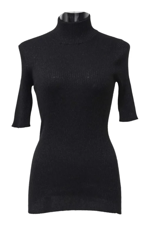 Black cashmere-silk blend glitter rib high-collar half-sleeve pullover knit top