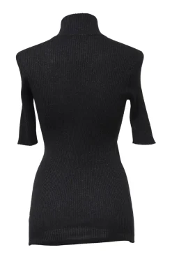 Black cashmere-silk blend glitter rib high-collar half-sleeve pullover knit top