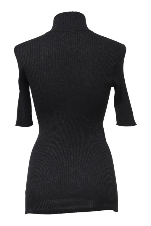 Black cashmere-silk blend glitter rib high-collar half-sleeve pullover knit top