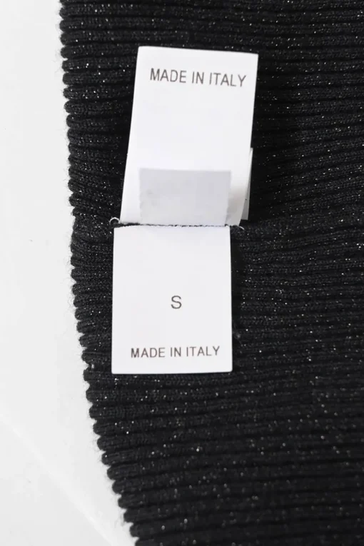Black cashmere-silk blend glitter rib high-collar half-sleeve pullover knit top
