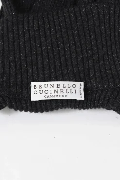 Black cashmere-silk blend glitter rib high-collar half-sleeve pullover knit top