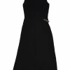 Black chainlink-embellished viscose sleeveless A-line slit-front midi dress
