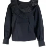 Black cotton balloon sleeve pleated top