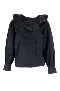 Black cotton balloon sleeve pleated top