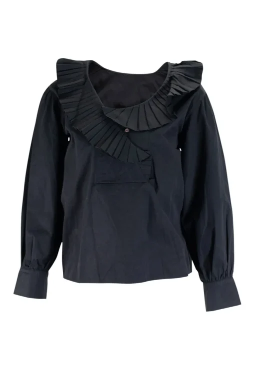 Black cotton balloon sleeve pleated top