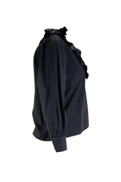 Black cotton balloon sleeve pleated top