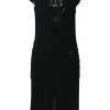 Black cotton bi-layer effect short sleeve slit mini dress