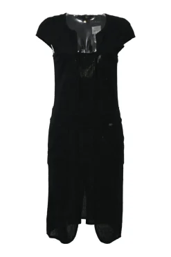 Black cotton bi-layer effect short sleeve slit mini dress