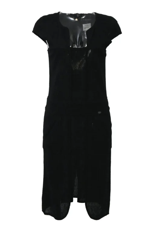 Black cotton bi-layer effect short sleeve slit mini dress