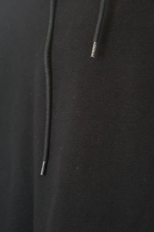 Black cotton French terry small logo hoodie with kangaroo pocket, ribbed cuffs, and hem