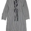 Black cotton gingham boxy shirt dress with ruffle-trimmed concealed placket