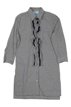 Black cotton gingham boxy shirt dress with ruffle-trimmed concealed placket
