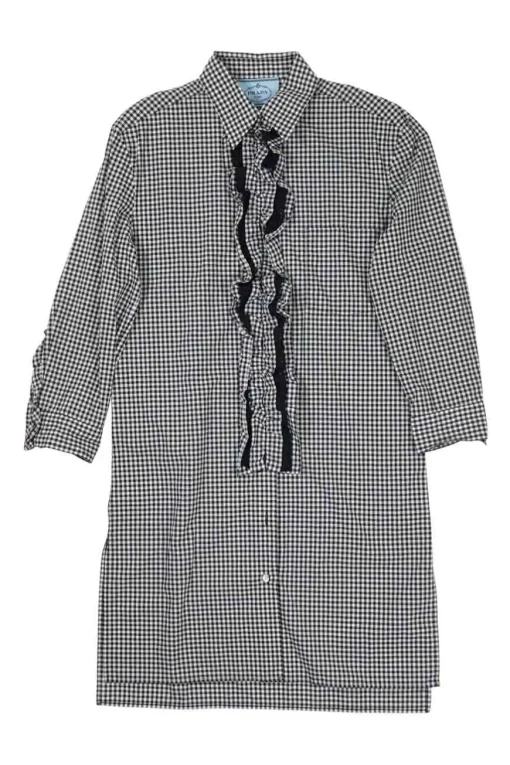 Black cotton gingham boxy shirt dress with ruffle-trimmed concealed placket