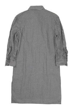 Black cotton gingham boxy shirt dress with ruffle-trimmed concealed placket