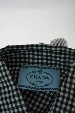 Black cotton gingham boxy shirt dress with ruffle-trimmed concealed placket