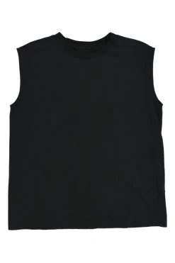 Black cotton jersey convertible sleeveless foulard top with tonal woven insert at centre front