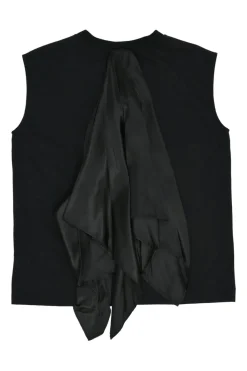 Black cotton jersey convertible sleeveless foulard top with tonal woven insert at centre front